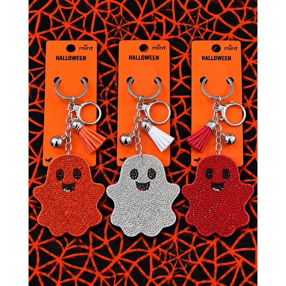 Sparkle Halloween Rhinestone Ghost Keychain Bag Tag Set of 3 Orange Silver Red